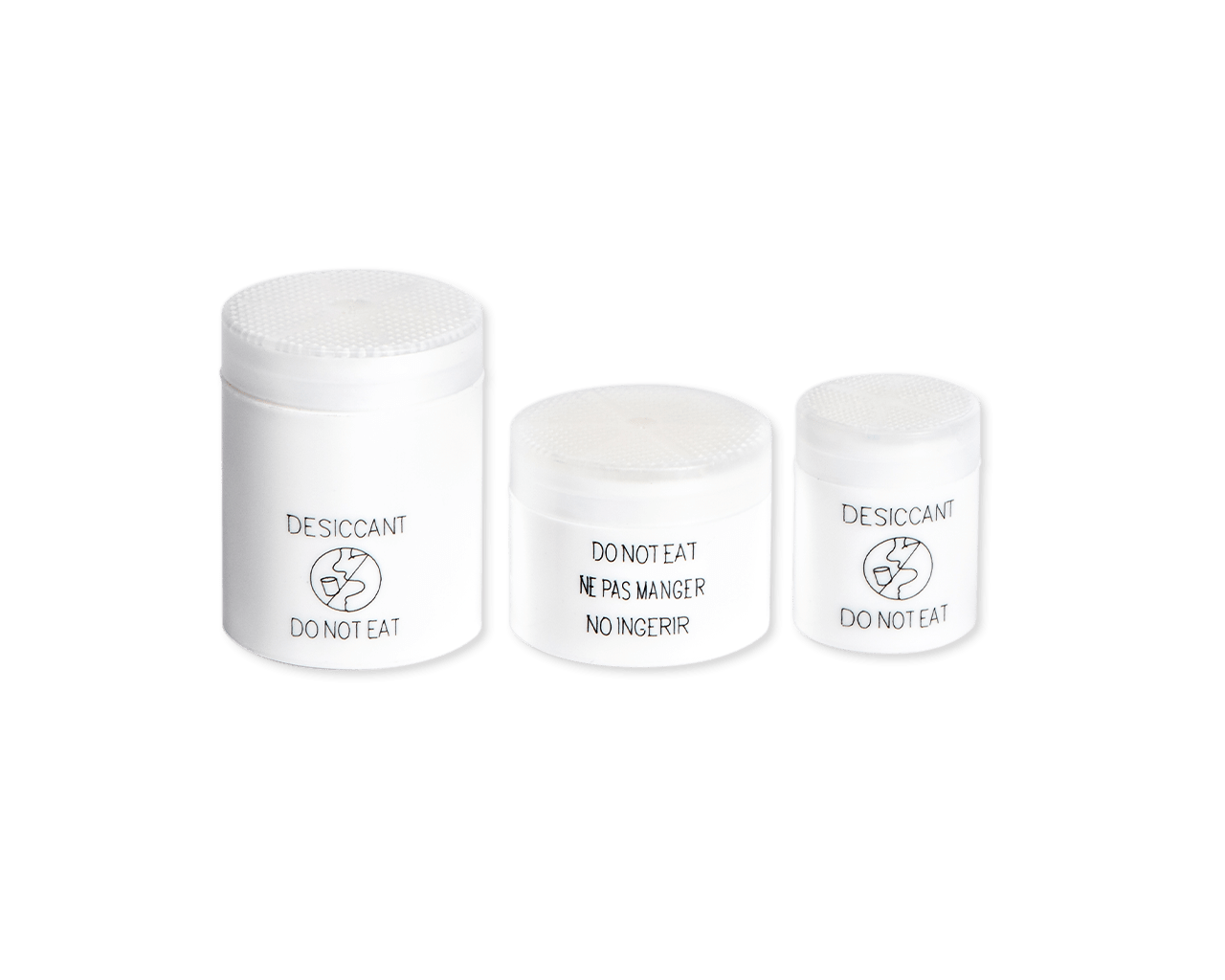 Three small cylindrical desiccant containers found in pill bottles