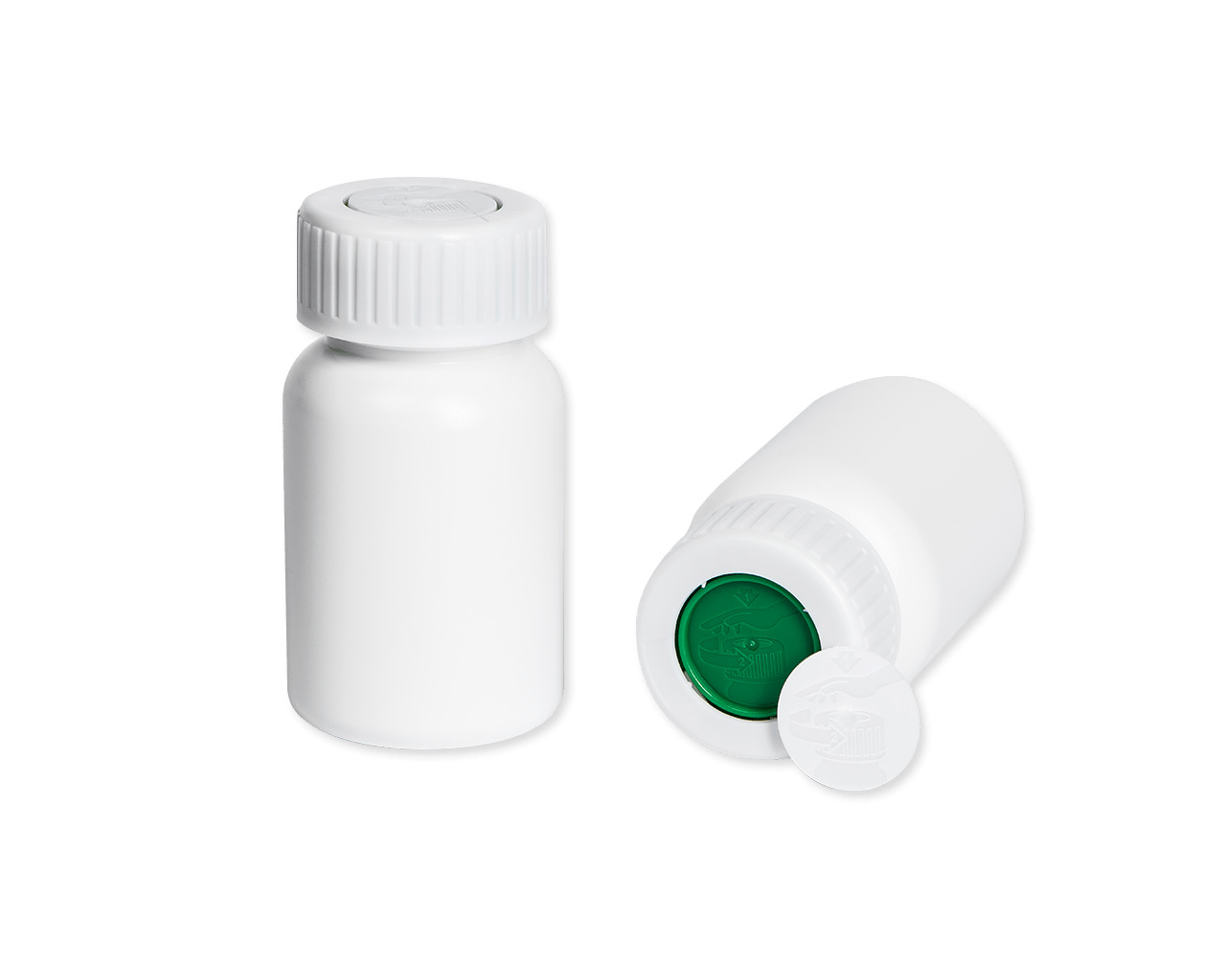 Two solid pill bottles, one on its side with an open lid showing a circular insert in its top