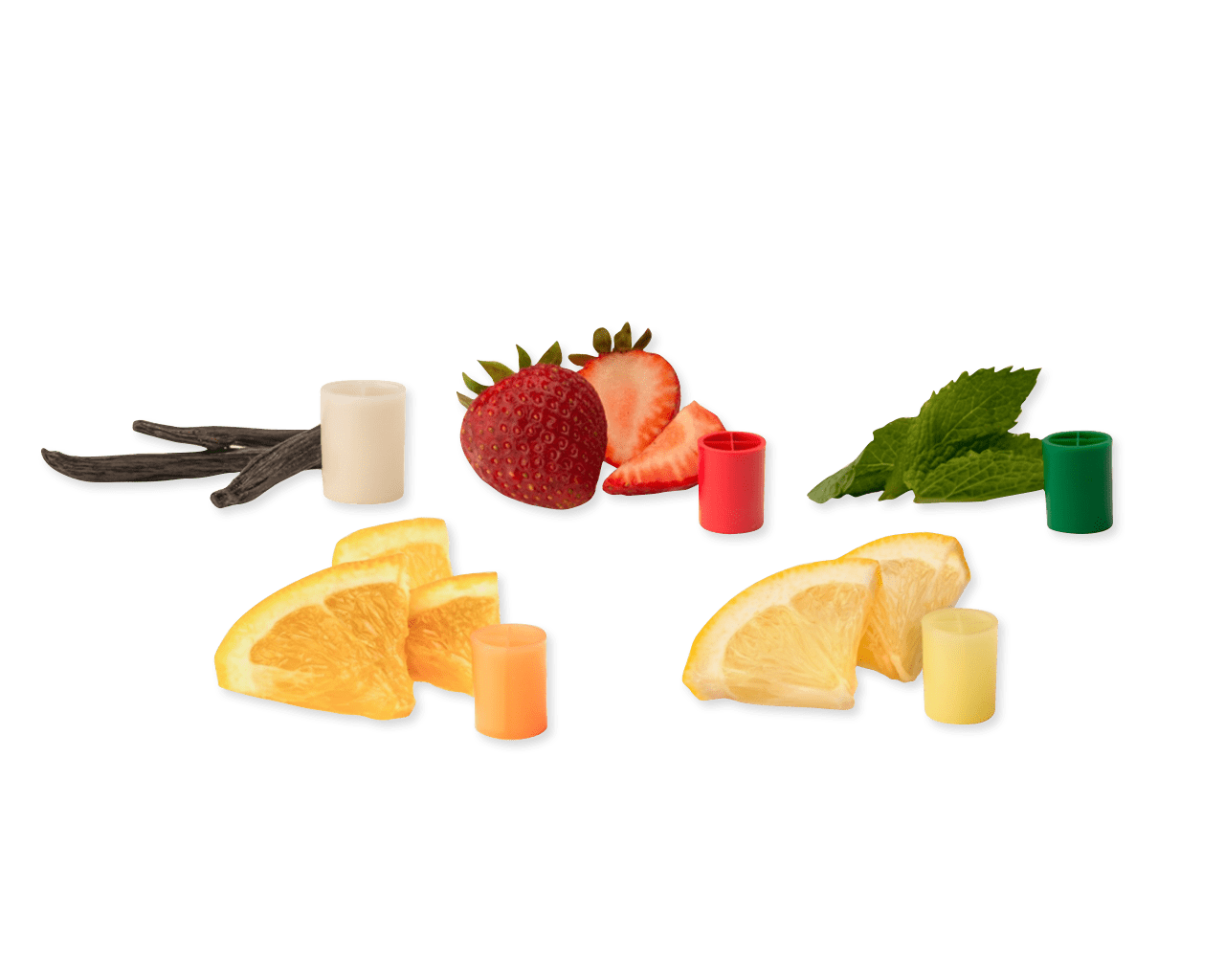 Cinnamon sticks, mint leaves, and slices of strawberry, lemon and orange, each next to small cylinders of matching fragrance