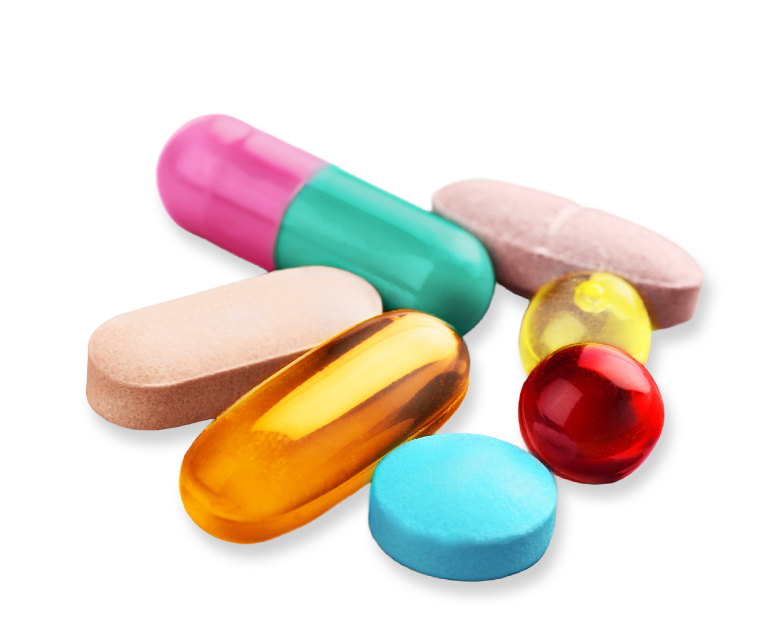 Small assortment of pharmaceutical tablets and capsules of various shapes, sizes and colors